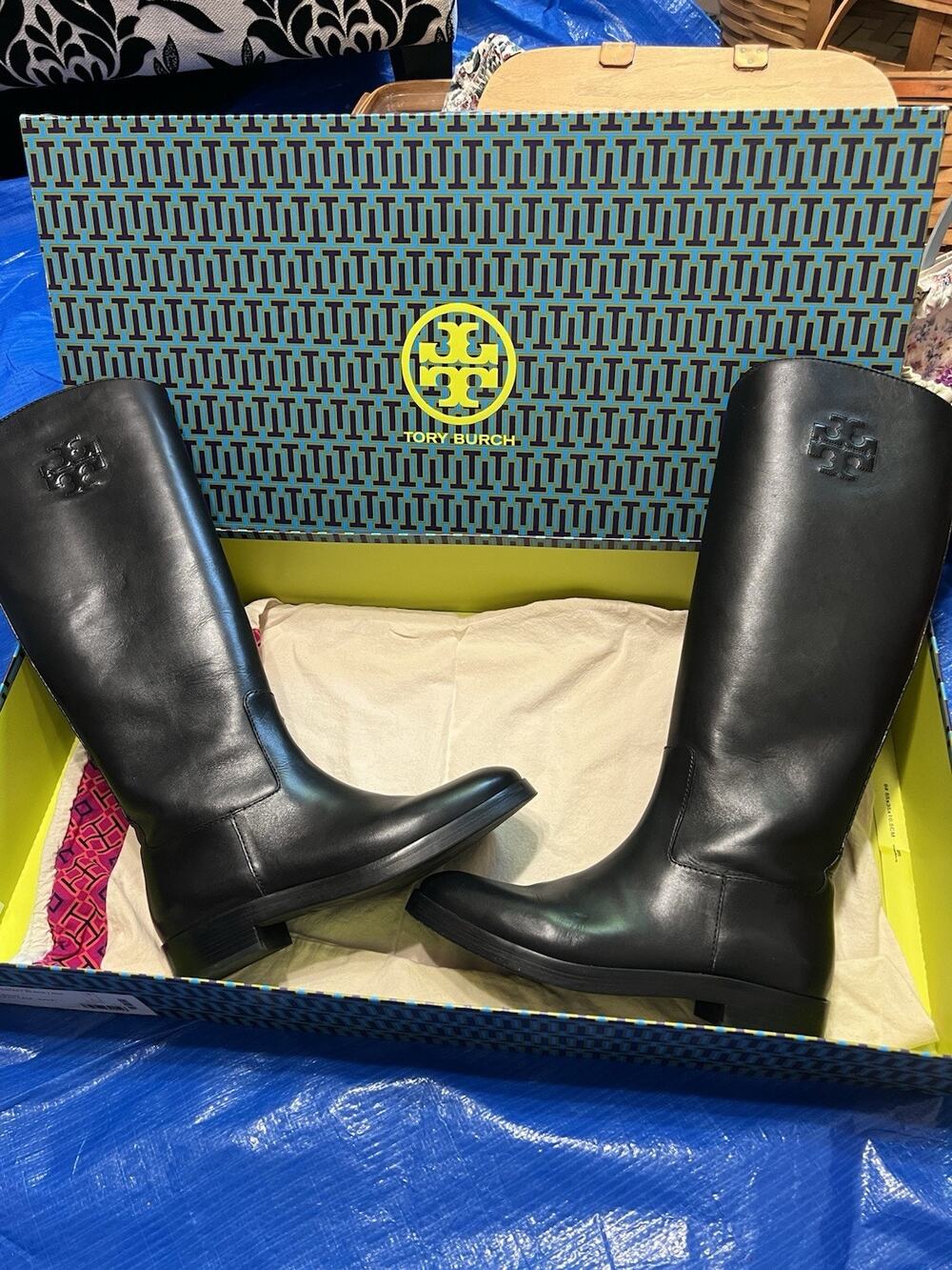 Tory Burch The Riding Boot Logo Embossed Perfect Black Size 7.5